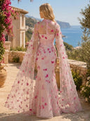 Tulle Mermaid Lace Appliques Long Formal Dresses with Flowers