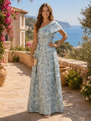 Jacquard A Line One Shoulder Long Formal Dresses with Pleated Wedding Guest Maxi Dresses