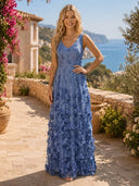Chiffon A Line V Neck Sleeveless Long Formal Dresses with Lace