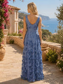 Chiffon A Line V Neck Sleeveless Long Formal Dresses with Lace