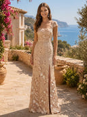 Mermaid Square Neck Short Sleeves Long Formal Dresses with Slit