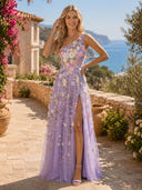 Tulle A Line One Shoulder Long Formal Dresses with Slit