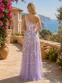 Tulle A Line One Shoulder Long Formal Dresses with Slit