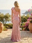 Satin Mermaid One Shoulder Long Formal Dresses with Bow