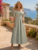Jacquard A Line Off Shoulder Short Sleeves Long Formal Dresses