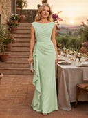 Satin Mermaid Boat Neck Sleeveless Long Formal Dresses with Ruffles