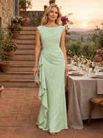 Satin Mermaid Boat Neck Sleeveless Long Formal Dresses with Ruffles