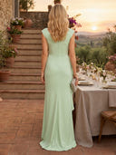 Satin Mermaid Boat Neck Sleeveless Long Formal Dresses with Ruffles