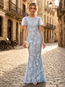 Lace Appliques Mermaid Boat Neck Short Sleeves Long Formal Dresses