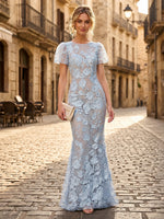Lace Appliques Mermaid Boat Neck Short Sleeves Long Formal Dresses