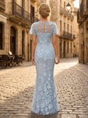 Lace Appliques Mermaid Boat Neck Short Sleeves Long Formal Dresses