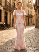 Lace Appliques Mermaid Boat Neck Short Sleeves Long Formal Dresses