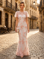 Lace Appliques Mermaid Boat Neck Short Sleeves Long Formal Dresses