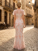 Lace Appliques Mermaid Boat Neck Short Sleeves Long Formal Dresses