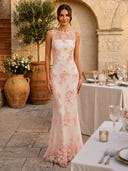 Lace Appliques Mermaid Boat Neck Sleeveless Long Formal Dresses