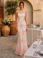 Lace Appliques Mermaid Boat Neck Sleeveless Long Formal Dresses