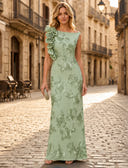 Jacquard Mermaid Boat Neck Long Formal Dresses with Flowers
