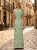 Jacquard Mermaid Boat Neck Long Formal Dresses with Flowers