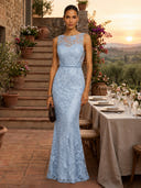 Lace Appliques Mermaid Boat Neck Sleeveless Long Formal Dresses