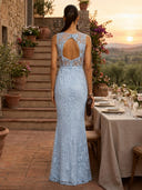Lace Appliques Mermaid Boat Neck Sleeveless Long Formal Dresses