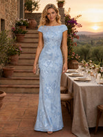 Lace Appliques Mermaid Boat Neck Short Sleeves Long Formal Dresses