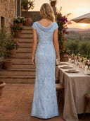 Lace Appliques Mermaid Boat Neck Short Sleeves Long Formal Dresses