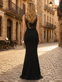 Satin Mermaid Boat Neck Sleeveless Long Formal Dresses with Jacquard