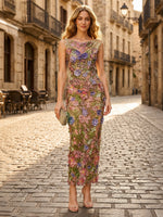 Floral Print Mermaid Boat Neck Sleeveless Long Formal Dresses