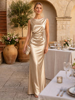 Satin Mermaid Boat Neck Sleeveless Long Formal Dresses