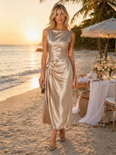 Satin Mermaid Boat Neck Sleeveless Long Formal Dresses