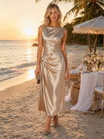 Satin Mermaid Boat Neck Sleeveless Long Formal Dresses