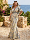 Satin V Neck Mermaid Short Sleeve Long Formal Dresses