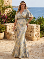 Satin V Neck Mermaid Short Sleeve Long Formal Dresses