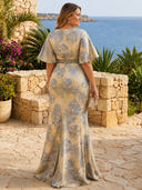 Satin V Neck Mermaid Short Sleeve Long Formal Dresses