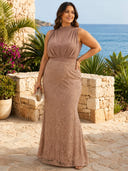 Lace Hight Neck Mermaid Long Formal Dresses with Flower
