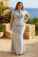 Jacquard Satin Collar Neck Mermaid Short Sleeve Long Formal Dresses