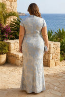 Jacquard Satin Collar Neck Mermaid Short Sleeve Long Formal Dresses