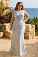 Jacquard Satin Boat Neck Mermaid Long Formal Dresses