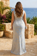 Jacquard Satin Boat Neck Mermaid Long Formal Dresses