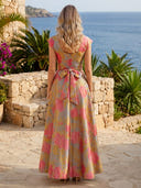 Jacquard A Line Boat Neck Short Sleeves Long Formal Dresses