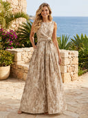 Jacquard A Line Boat Neck Sleeveless Long Formal Dresses