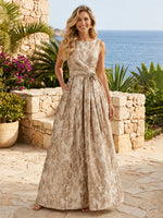 Jacquard A Line Boat Neck Sleeveless Long Formal Dresses