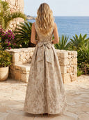 Jacquard A Line Boat Neck Sleeveless Long Formal Dresses