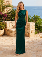 Satin Mermaid Boat Neck Long Formal Dresses with Lace