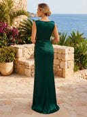 Satin Mermaid Boat Neck Long Formal Dresses with Lace