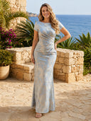 Jacquard Mermaid Boat Neck Short Sleeves Long Formal Dresses