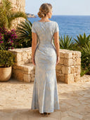 Jacquard Mermaid Boat Neck Short Sleeves Long Formal Dresses