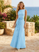 Satin A Line Boat Neck Sleeveless Long Formal Dresses