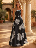 Floral Print A Line Strapless Long Formal Dresses