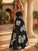 Floral Print A Line Strapless Long Formal Dresses Wedding Guest Maxi Dresses